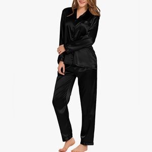 Black Satin Two Piece Top & Bottom Pajamas 3X